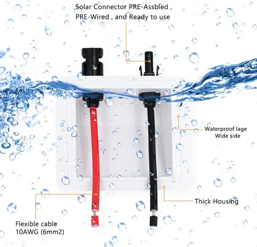 Vista 4 de Prensaestopas de entrada de cable solar, cable de extensión solar suave 10AWG de 0.33 pies y conector, resistente a los rayos UV, carcasa de doble