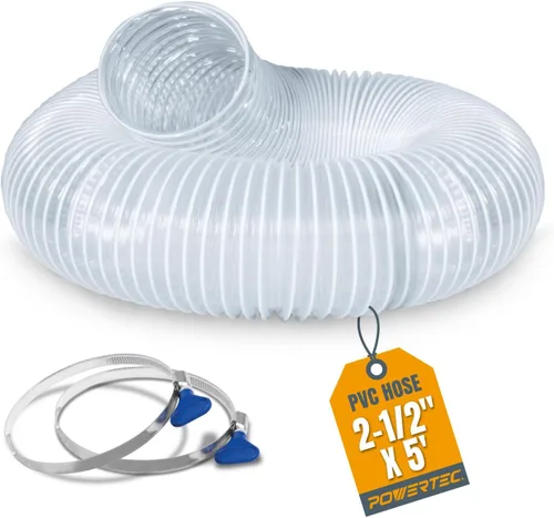 POWERTEC Manguera de recogida de polvo de PVC de 2-1/2 pulgadas x 5 pies con 2 abrazaderas de manguera de acero inoxidable para sierra de mesa