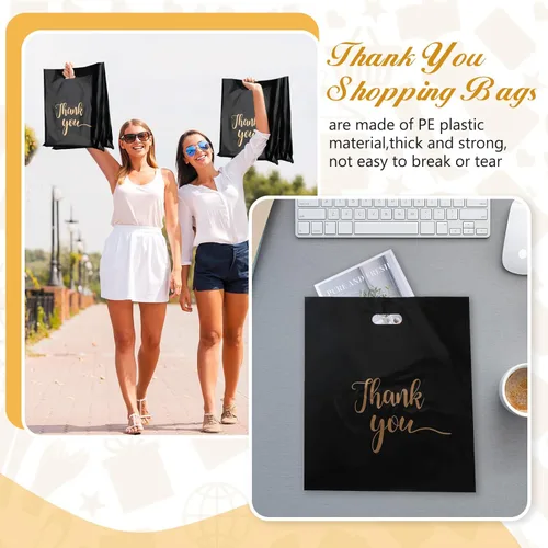 Vista 3 de Sabary 200 bolsas de plástico reutilizables de 16 x 18 pulgadas con asas troqueladas, bolsa de regalo de agradecimiento para regalos, tiendas