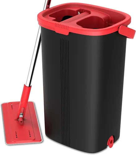 TETHYS Juego de trapeador y cubo de piso plano para sistema profesional de limpieza de suelos del hogar con mango de aluminio/2 almohadillas de