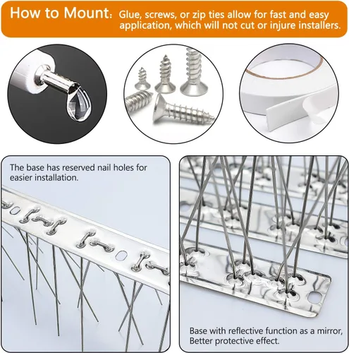 Vista 5 de QIEGL Púas para pájaros de acero inoxidable 304 para palomas pequeñas, antipájaros, gorriones, cerca de picos, cubierta de picos de 10.8 pies