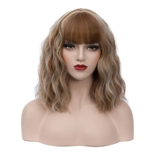Vista 8 de BUFASHION 14 "mujeres corto ondulado rizado negro Bob peluca con flequillo lateral - Cosplay Halloween sintético (negro)