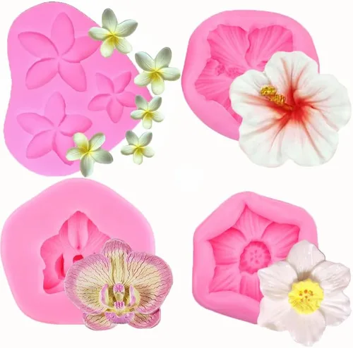 4 moldes de silicona Frangipani Plumeria Floral Hibiscus Flower para bricolaje Fondant Candy Making Herramientas Molde de Chocolate Postres Arcilla