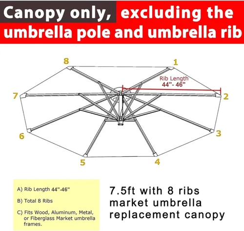 Vista 116 de ABCCANOPY Sombrilla para Exteriores de 7.5 pies, Repuesto de Cubierta Superior Compatible con 6 Varillas (Azul)