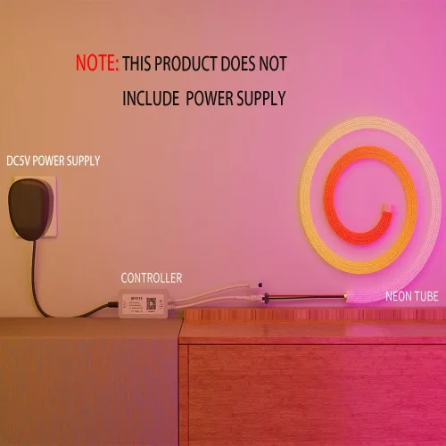 Vista 4 de Tira LED de neón direccionable de 3.2 pies WS2811 de 360 grados con controlador Bluetooth, cuerda de nailon RGB flexible de ensueño colorido