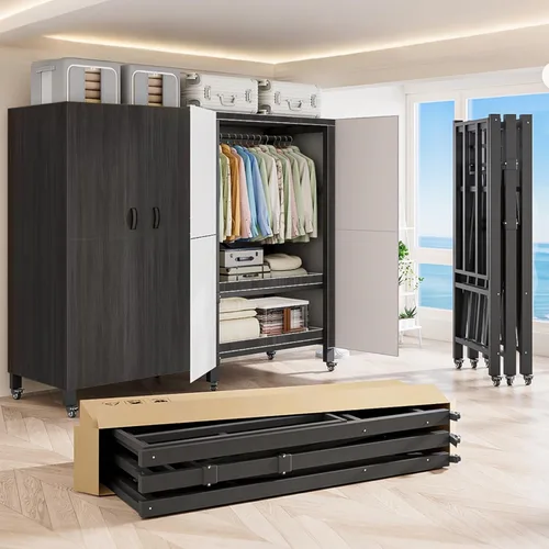 Perchero de ropa resistente cubierto con puerta magnética de 1500LBS, armario portátil plegable para colgar ropa, perchero enrollable de metal negro de FKKPRVAX
