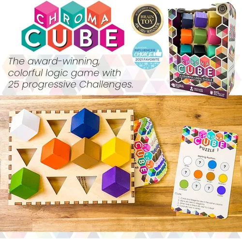 Vista 3 de Project Genius: Chroma Cube, un rompecabezas de lógica colorido, 12 bloques de madera coloridos, 25 tarjetas de Brainteaser, rompecabezas, gran