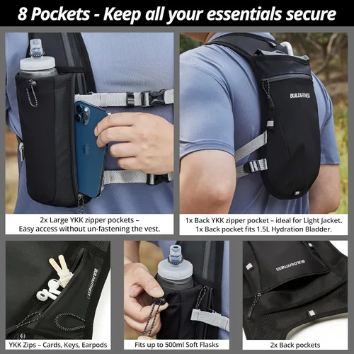 Vista 3 de Running Hydration Vest for Women and Men. Reflective, 8 Pocket, Quick Dry, Water-Resistant, Breathable, Adjustable Backpack for Runs, Hiking