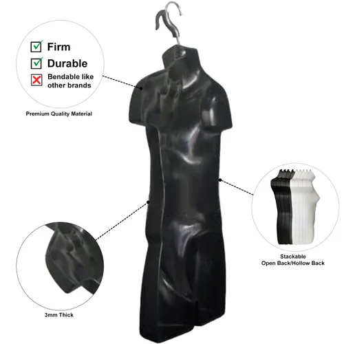 Vista 2 de DisplayTown 1 juego de vestido apilable de torso negro con espalda hueca con gancho para colgar para exhibición de camisetas, encimera, espectáculos