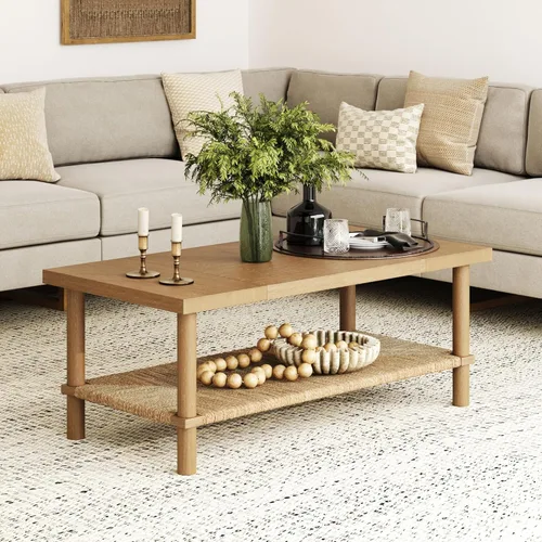 Vista 8 de Nathan James Asher Mid-Century - Mesa de centro rectangular con parte superior de cristal y estante de almacenamiento con acabado de madera con Negro