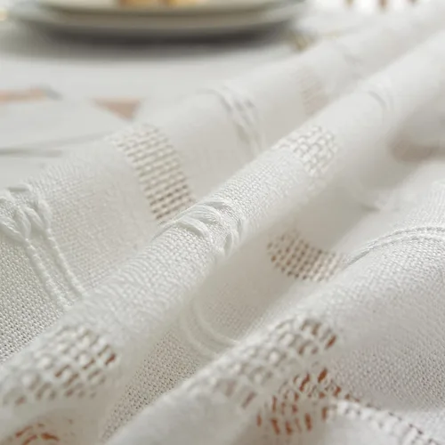 Vista 6 de Gernaice Mantel bordado de rayas rústicas con borlas pesadas, mantel rectangular de lino y algodón, sin arrugas, lavable, para café, sala de estar
