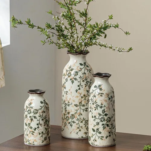 Vista 23 de Jarrón de cerámica verde y blanco con asa, florero rústico para decoración de hogar estilo “chinoiserie”, “grandmillenial” y toscano, jarrón