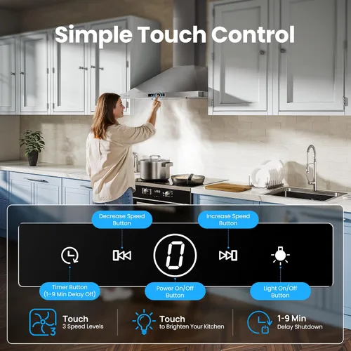 Vista 5 de VIKIO HOME Campana extractora de montaje en pared de 30 pulgadas, 580 CFM, convertible con conductos/sin conductos, campana de ventilación de cocina