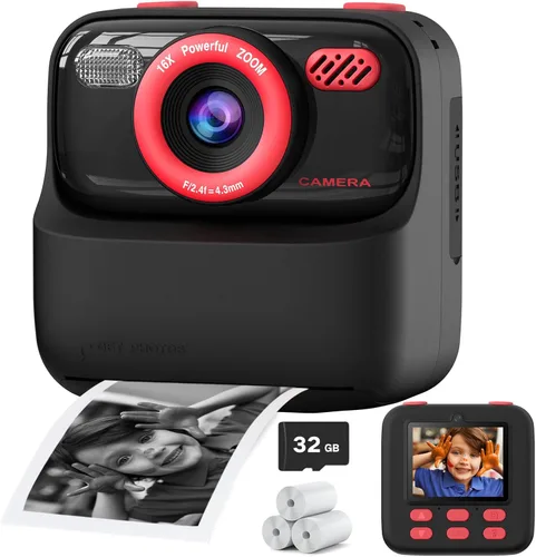 Cámaras digitales instantáneas para niños y niñas, cámara digital selfie HD de doble lente 1080P con papel de impresión y tarjeta de 32G, regalos de