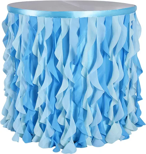 Vista 6 de Tulle Tutu Curly Willow Table Skirts for Rectangle Tables, Blue Ruffle Table Skirt Frozen Tablecloth for Birthday Party, Gender Reveal, Baby Shower