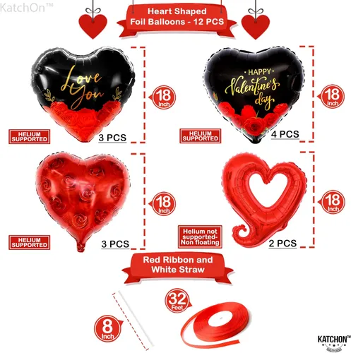 Vista 4 de KatchOn, Globos en forma de corazón negro y rojo XL, paquete de 1012 Pétalos de rosa roja para noches románticas, decoraciones románticas