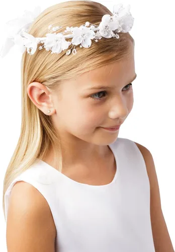 Corona de flores para niña, diseño de corazón, con cristales de imitación de perlas blancas