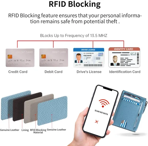 Vista 3 de Cartera delgada para mujer, pequeña cartera de cuero con bloqueo RFID, tarjetero minimalista con bolsillo frontal con monederos y bolsas, Azul