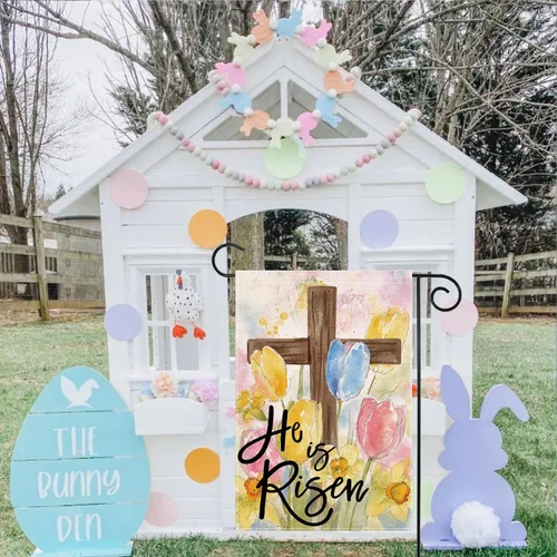 Vista 3 de Bandera de jardín de Pascua con texto en inglés «He is Risen» para exteriores, de doble cara, de doble cara, decoración religiosa cristiana