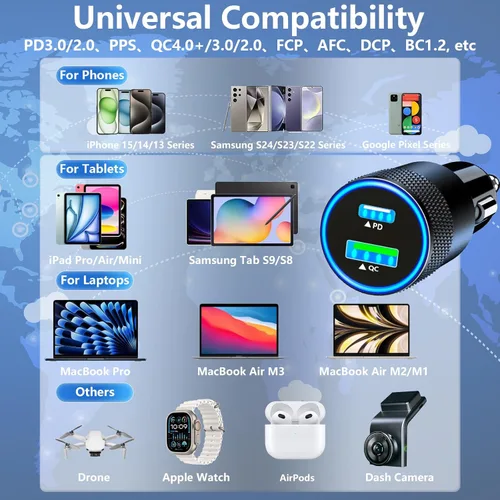 Vista 7 de Rombica [Apple MFi Certified] iPhone Fast Car Charger, 52.5W USB-C PD&QC3.0 Car Power Cigarette Lighter USB Charger Adapter with 2Pack Lightning