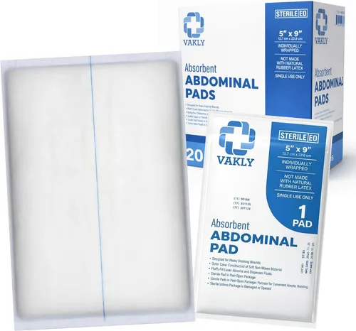 Vista 8 de Vakly ABD Combine - Almohadillas abdominales de 5 x 9 pulgadas [paquete de 20] de alta absorción, estériles envueltas individualmente de 5''x9