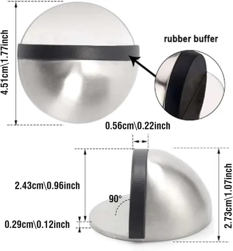 Vista 2 de Paquete de 4 topes de puerta, tope de puerta de acero inoxidable con media cúpula para piso, protector de pared adhesivo 3M, tope de puerta de goma