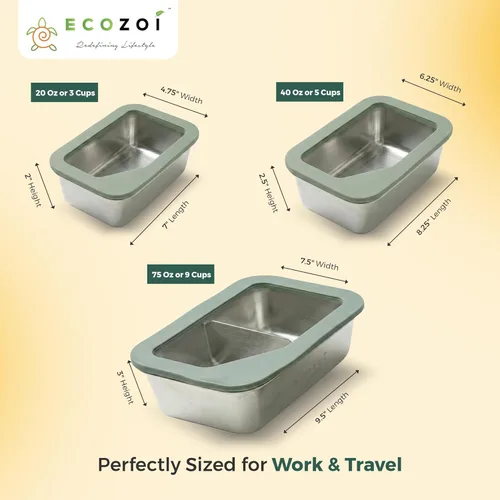 Vista 3 de ecozoi Lonchera de acero inoxidable, juego de 3 piezas con tapas de vidrio, 75 onzas, 40 onzas, 20 onzas, a prueba de fugas, recipientes de metal