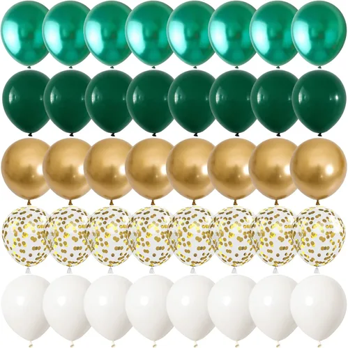 Globos de látex verde metálico dorado, paquete de 60 globos de látex de 12 pulgadas de color verde oscuro, blanco y dorado con cintas para bodas,