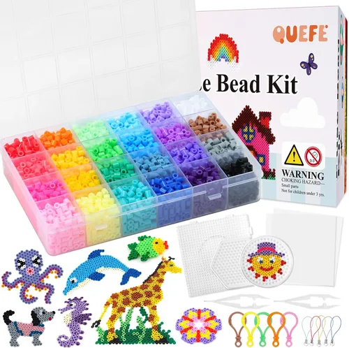 QUEFE - Juego de 5200 cuentas fusibles para niños y niñas, 24 colores, 5 mm, juego de cuentas que se funden, incluye tableros, papel de planchado