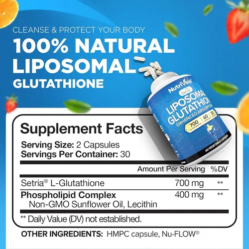 Vista 2 de Nutrivein Glutatión liposomal Setria® 700 mg - 60 cápsulas - Glutatión reducido puro - Antioxidante maestro para una protección celular óptima