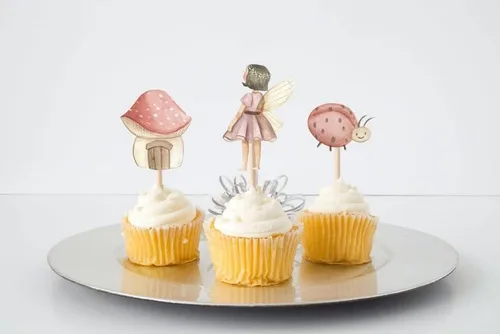 Vista 5 de Decoración para cupcakes de hadas, 10 unidades, suministros de fiesta de cumpleaños de Woodland Pixie con diseños de hongos, mariposas, mariquitas