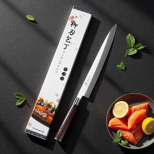 Vista 6 de Gourmetop Cuchillo japonés para sushi Sashimi de 10 pulgadas, cuchillo Yanagiba de acero VG10 con Urasuki y bisel cepillado, mango de madera