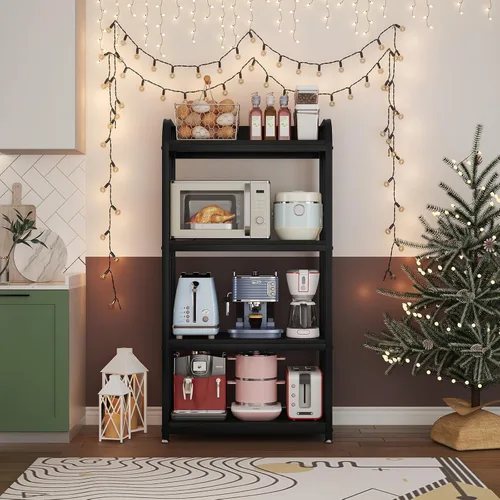 Vista 13 de Soporte para microondas de 4 niveles, estantes grandes para cocinas, estante de altura ajustable, barra de café para sala de estar, marrón rústico