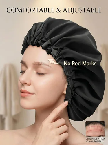 Vista 3 de Aquior Gorro de ducha para mujer, extra ajustable, doble capa, impermeable, reutilizable, gorra de pelo de tamaño grande para todo el cabello