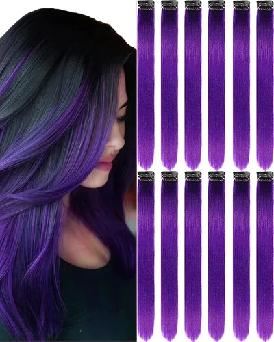 Vista 13 de 12 extensiones de cabello negro con clip, extensiones de cabello de color de 22 pulgadas, extensiones de cabello sintético largo y lacio para mujer