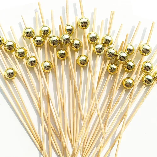 Púas de cóctel, palillos de dientes para aperitivos, 100 piezas de 4.7 pulgadas palillos de cóctel de perlas doradas para decoraciones de fiestas,