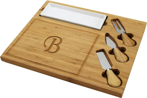 Vista 22 de Picnic at Ascot - Tabla de quesos de bambú grabada, personalizada, con 3 cuchillos de queso, plato de cerámica y marcadores de queso, diseño