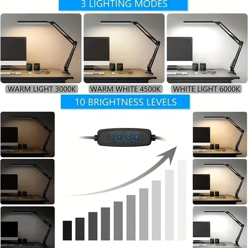 Vista 4 de HDView Lámpara de escritorio LED con 3 modos de cuidado de los ojos, 10 brillo; lámpara flexible larga y ajustable con brazo oscilante