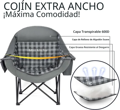 Vista 4 de Silla de camping de gran tamaño con calefacción, resistente, acolchada Negro (Allblack)