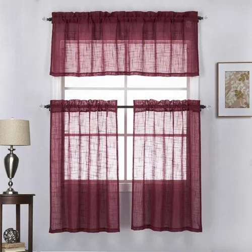 Vista 7 de Juego de 3 cortinas de lino texturizadas para ventana de café y cocina, 36 pulgadas de largo, color beige