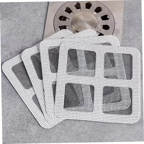 Vista 7 de 50 piezas desechables de malla fina de 4 x 4, cubiertas de drenaje desechables autoadhesivas para filtro de ducha, para baño, lavandería, tina, ducha