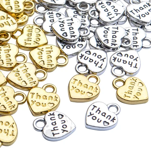 Vista 6 de Aylifu 100 dijes antiguos de corazón con palabra de agradecimiento, suministros de manualidades a granel para hacer joyas, collares, pulseras, plata