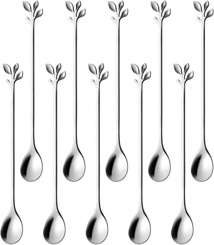 AnSaw 10 cucharaditas de mango largo de 7.4 pulgadas, diseño de hoja plateada para cucharas de café y té, elegantes cucharas de acero inoxidable
