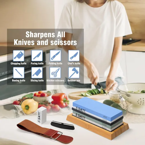 Vista 5 de S SATC Knife Sharpening Stone Whetstone 4 Side Grit 400/1000 3000/8000 Stone Knife Sharpeners with Nonslip Rubber Bases, Wood Base, Flattening