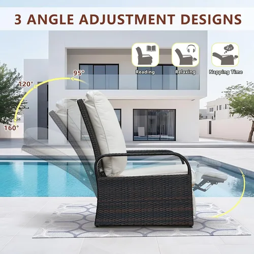 Vista 4 de Babylon Sillón reclinable de mimbre para exteriores, silla reclinable ajustable para patio con cojines de 14 cm de grosor y otomana, resistente a