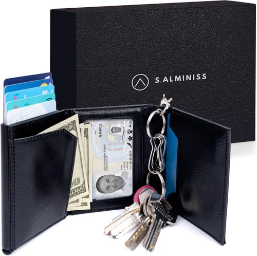 Vista 3 de Cartera para tarjetas de crédito, bolsillo frontal con bloqueo RFID, tarjetero con ranura para tarjetas emergentes, ventana de identificación
