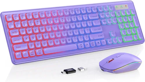 Vista 12 de Combo de Teclado y Mouse Inalámbricos, Retroiluminación RGB, Recargable y Letras Iluminadas, Tamaño Completo, Escritura Suave, Modo de Reposo, Set