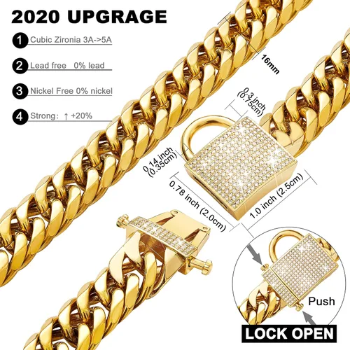Vista 3 de PRADOG Collar de perro con cadena de oro con cierre de circonita, acero inoxidable de 18 quilates, collar de metal resistente para cachorros, collar