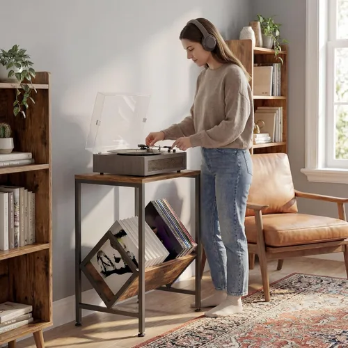 Vista 9 de Soporte para tocadiscos con almacenamiento de discos de vinilo, capacidad para más de 80 LPs, reproductor de discos todo en uno y almacenamiento