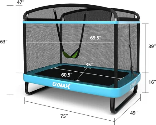 Vista 7 de GYMAX Trampolín para niños de 6 pies con columpio, cama elástica rectangular recreativa aprobada por ASTM con red de seguridad, para interiores